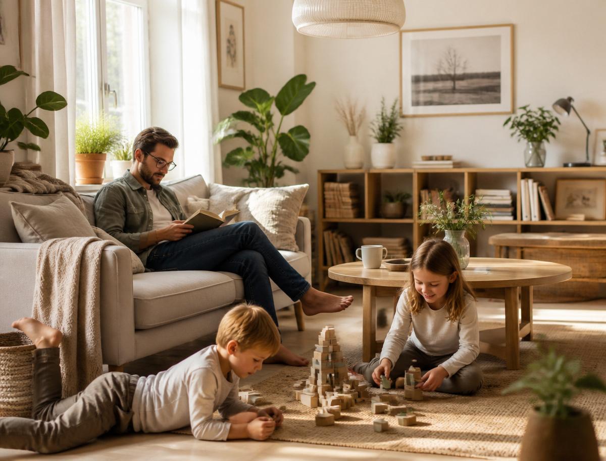 Familie som nyter fritid i et rent hjem